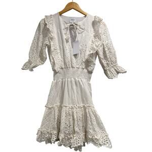 MISA Los Angeles Eyelet Cottage Cotton Lace Tiered Smocked Ruffle Dress NWT XS